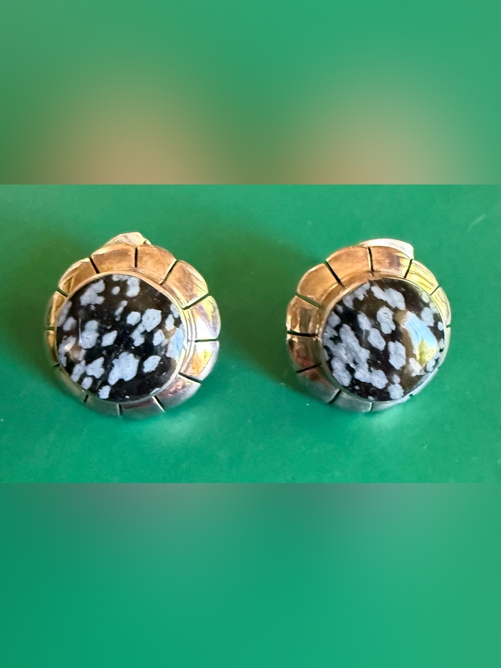 925 Silver Native American Snowflake Obsidian Round Stud Earrings Black & White